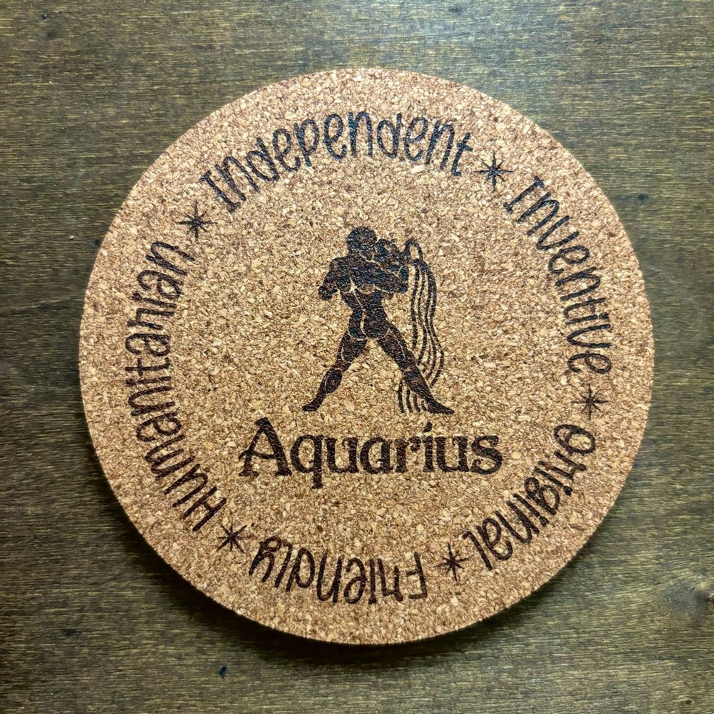 Aquarius Zodiac Sign Encircled Laser Engraved Cork Coaster